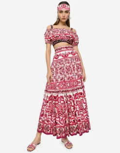 Long Majolica-print poplin skirt