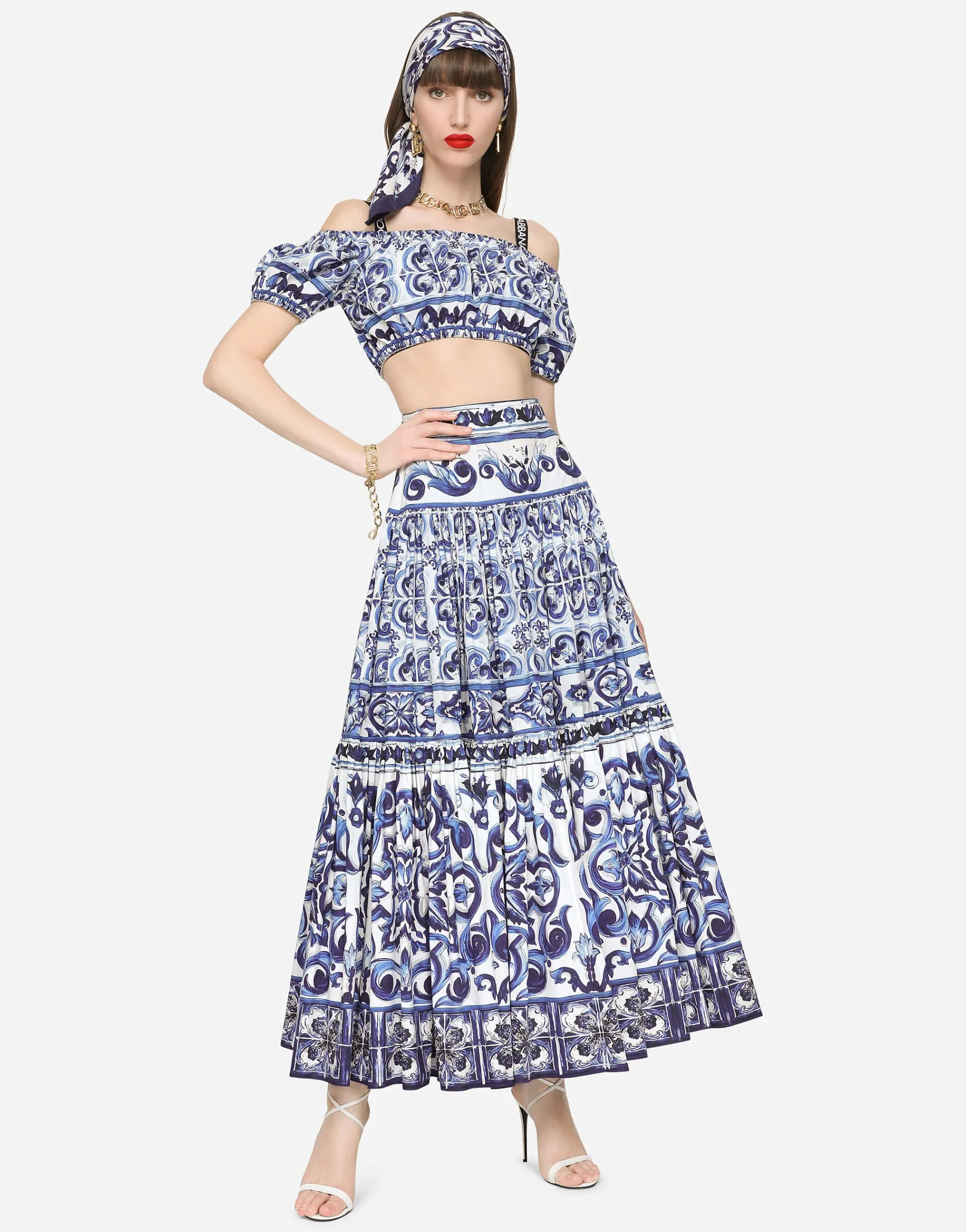 Long majolica-print poplin skirt