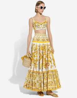 Long majolica-print poplin skirt with ruffles