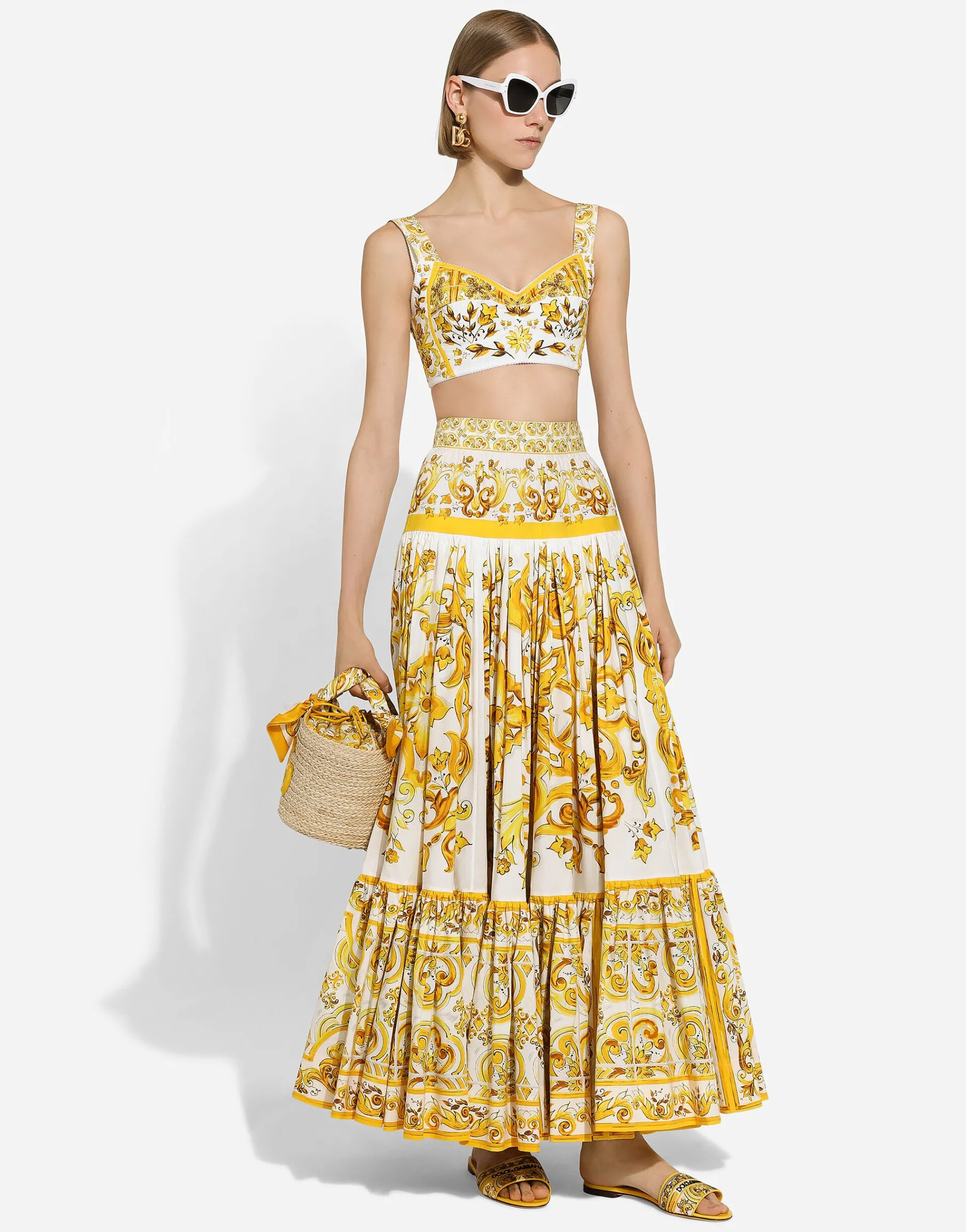 Long majolica-print poplin skirt with ruffles