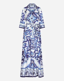Long majolica-print twill shirt dress