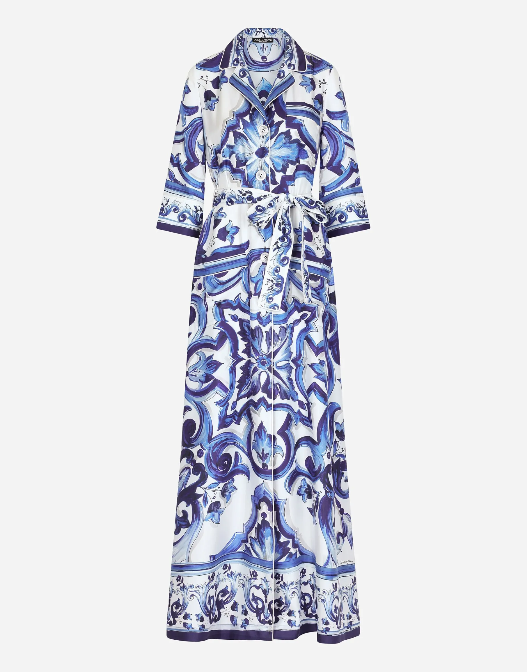 Long majolica-print twill shirt dress