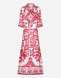 Long Majolica-print twill shirt dress