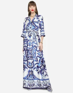 Long majolica-print twill shirt dress