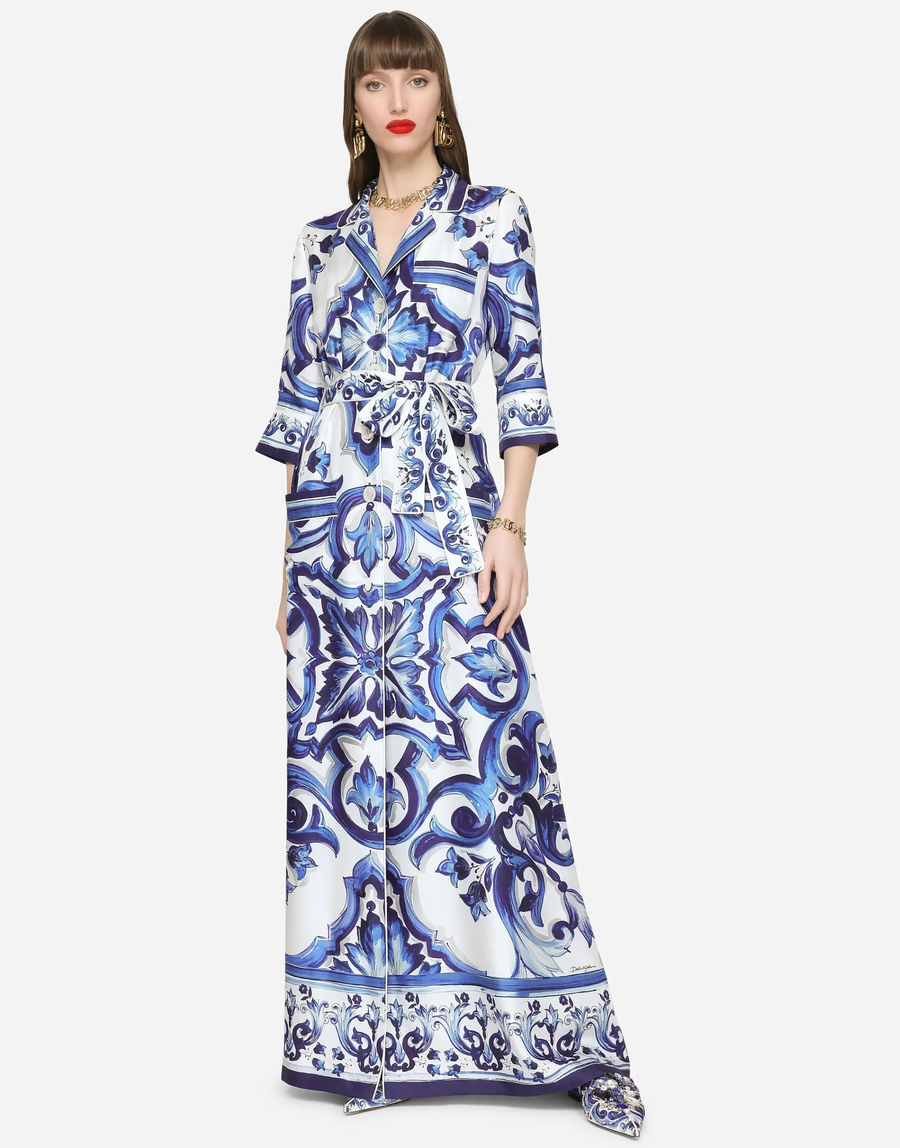 Long majolica-print twill shirt dress