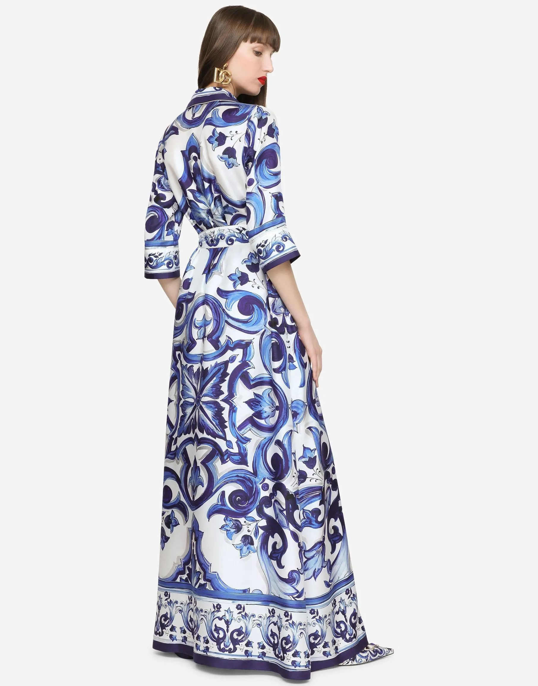 Long majolica-print twill shirt dress