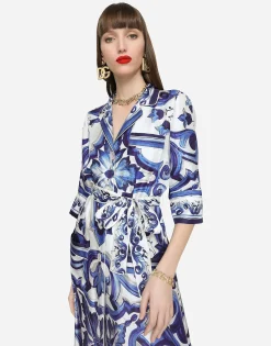 Long majolica-print twill shirt dress