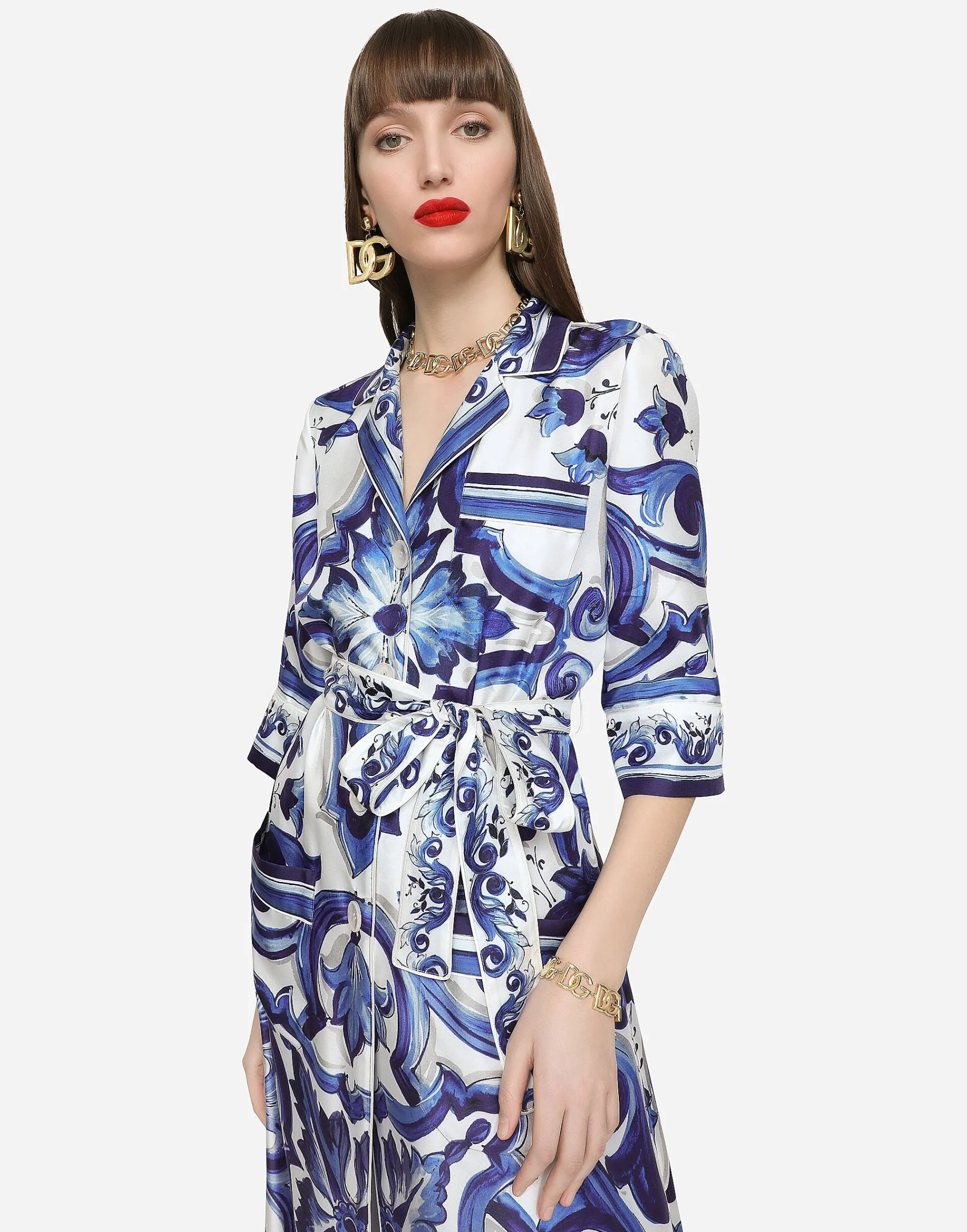 Long majolica-print twill shirt dress