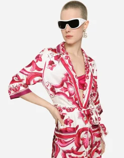 Long Majolica-print twill shirt dress