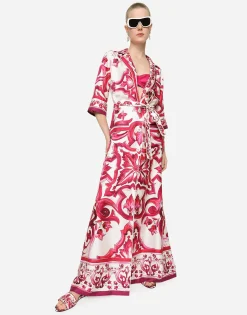 Long Majolica-print twill shirt dress