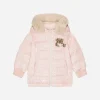Long nylon down jacket with all-over logo print