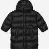 Long nylon down jacket with logo tag