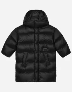 Long nylon down jacket with logo tag