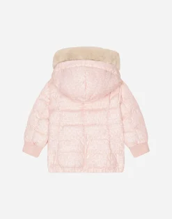 Long nylon down jacket with all-over logo print