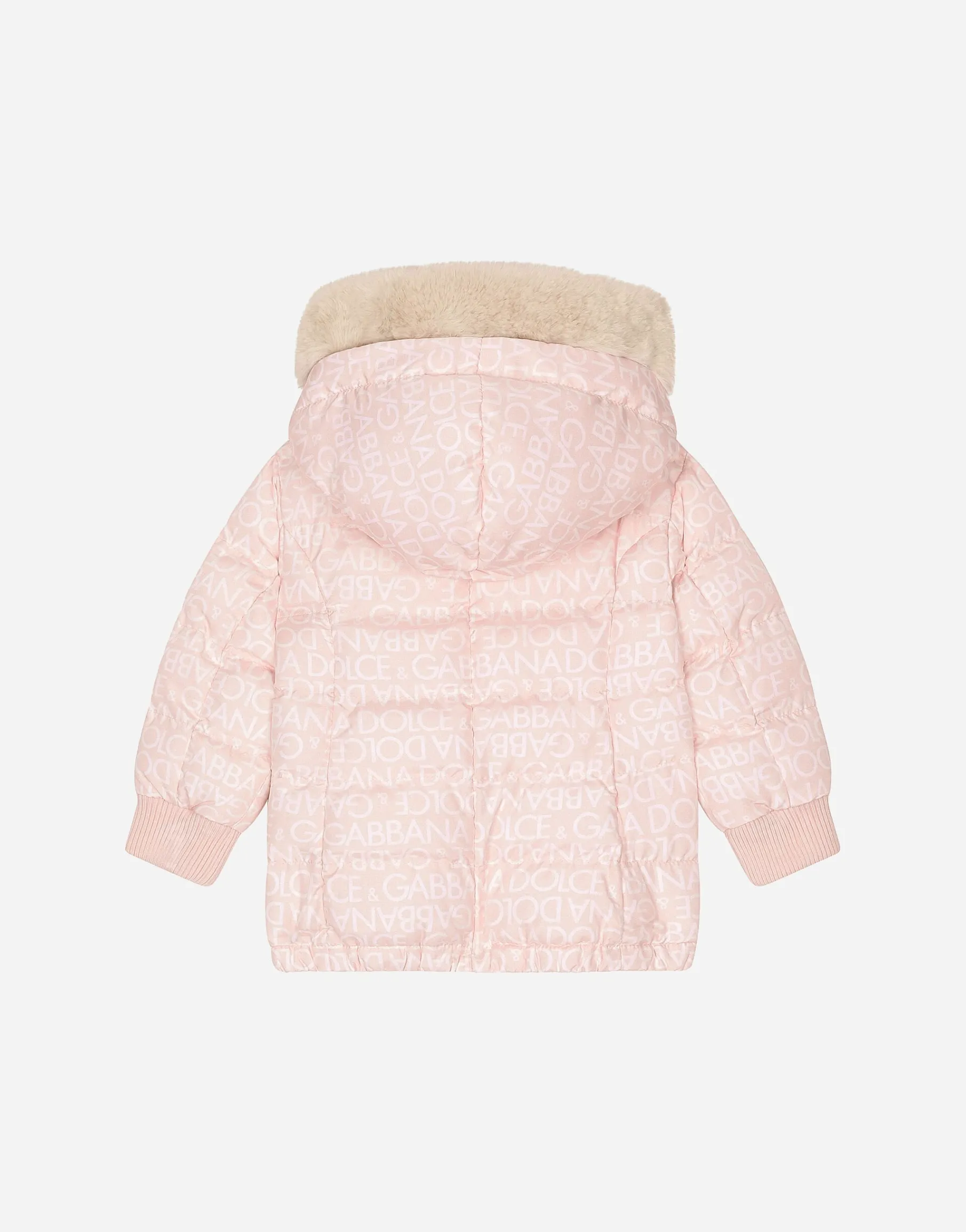 Long nylon down jacket with all-over logo print