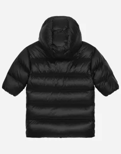 Long nylon down jacket with logo tag