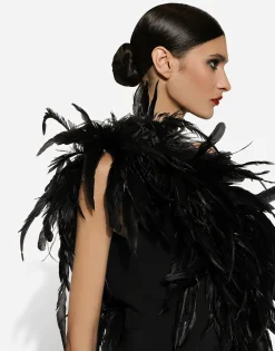 Long one-shoulder stretch cady dress with feathered neckline