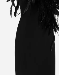 Long one-shoulder stretch cady dress with feathered neckline