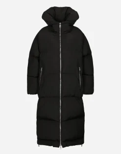 Long padded down jacket with branded tag