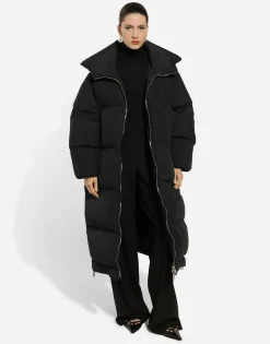 Long padded down jacket with branded tag