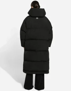 Long padded down jacket with branded tag