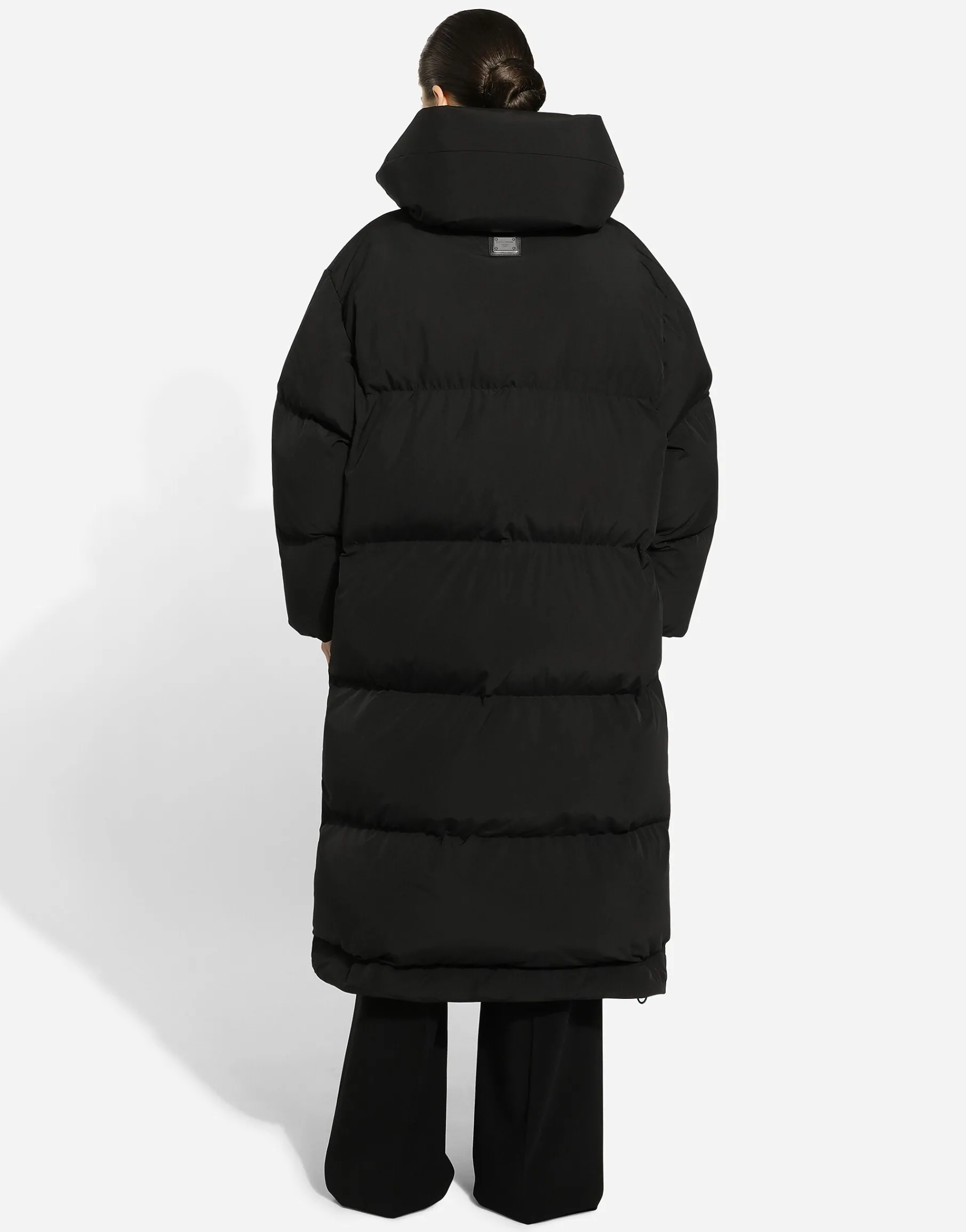 Long padded down jacket with branded tag