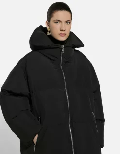 Long padded down jacket with branded tag
