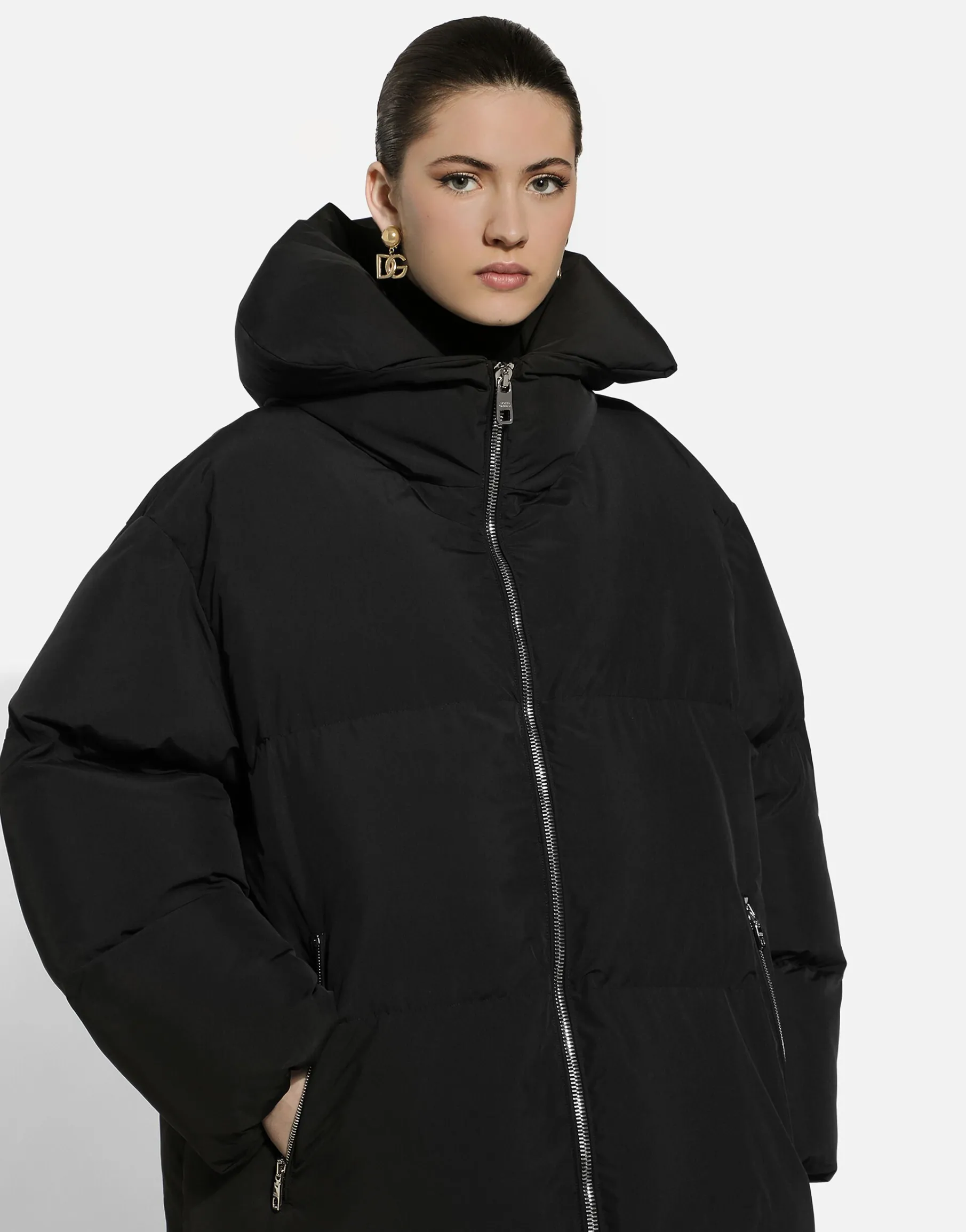Long padded down jacket with branded tag