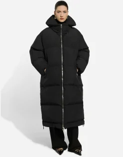 Long padded down jacket with branded tag