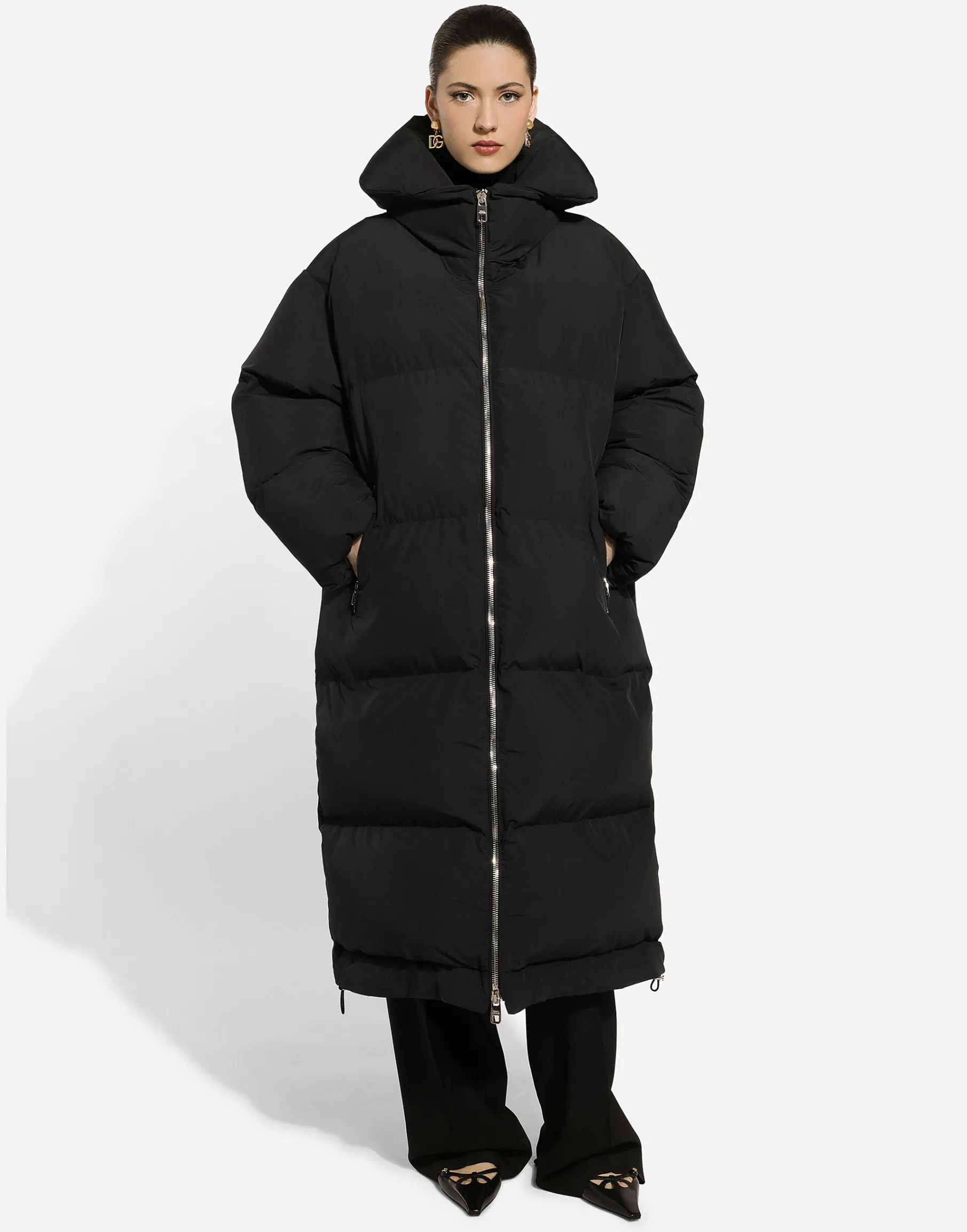 Long padded down jacket with branded tag