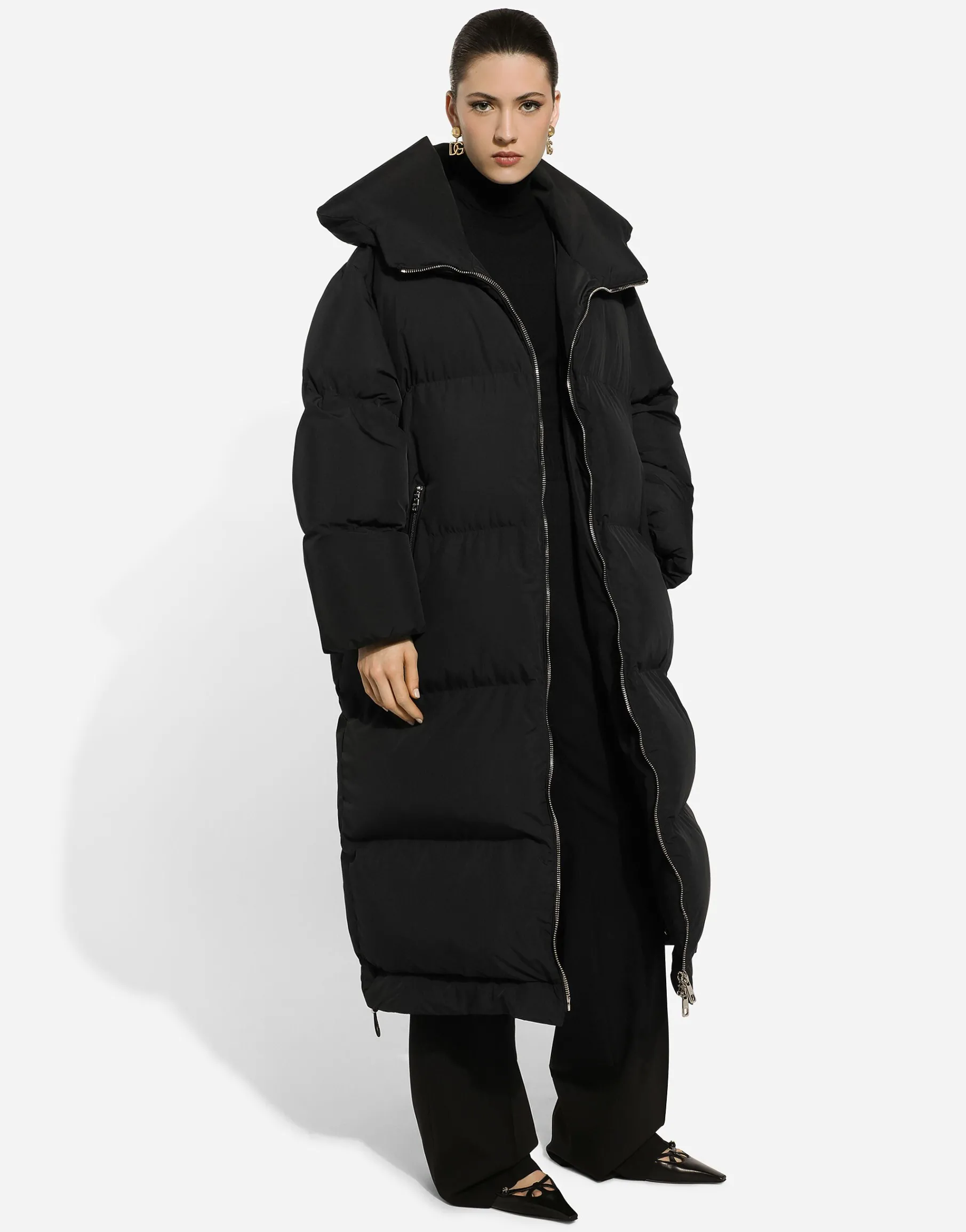 Long padded down jacket with branded tag