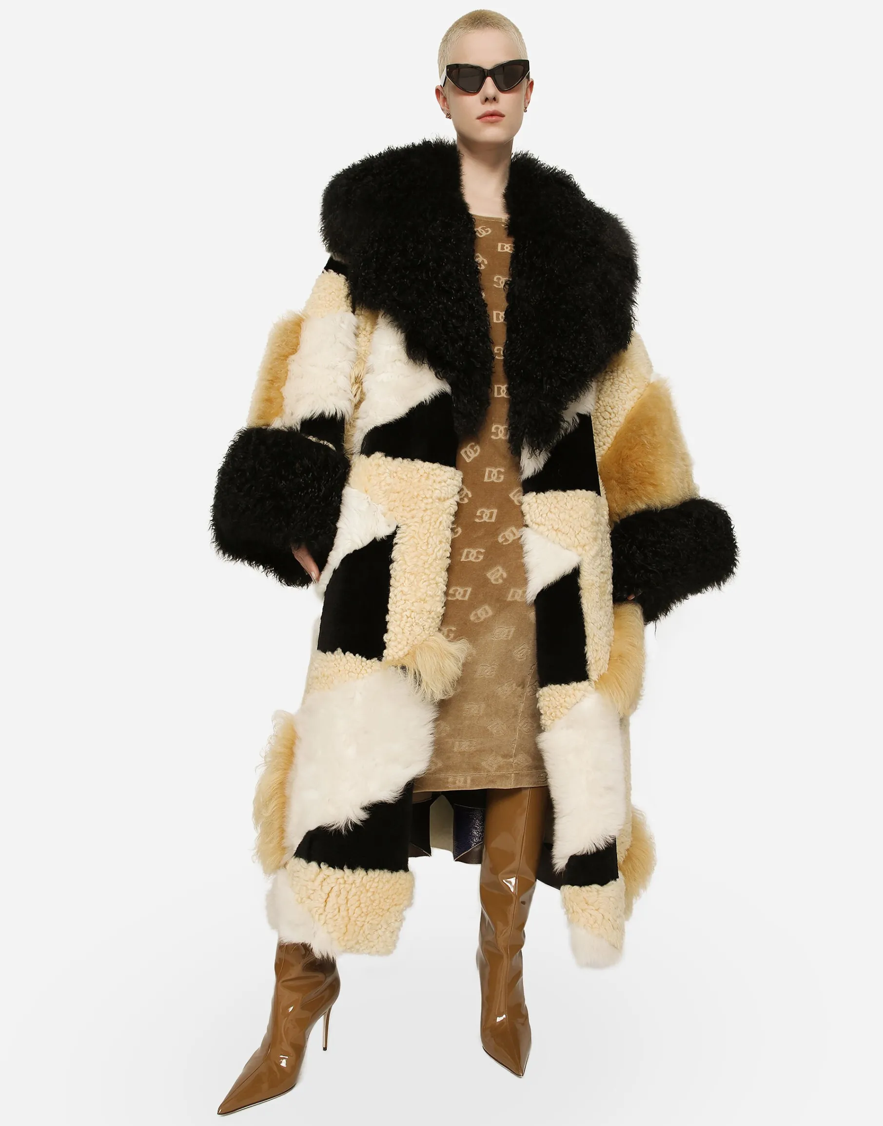 Long patchwork sheepskin coat