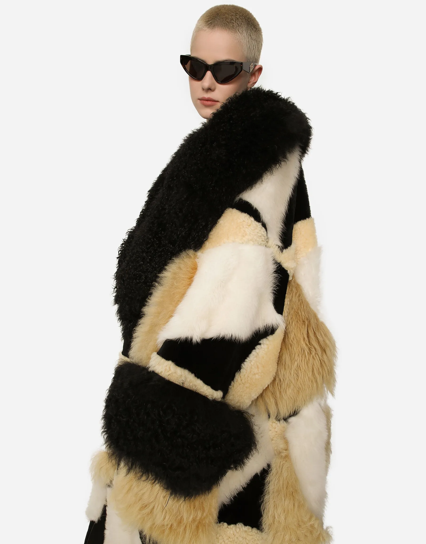 Long patchwork sheepskin coat