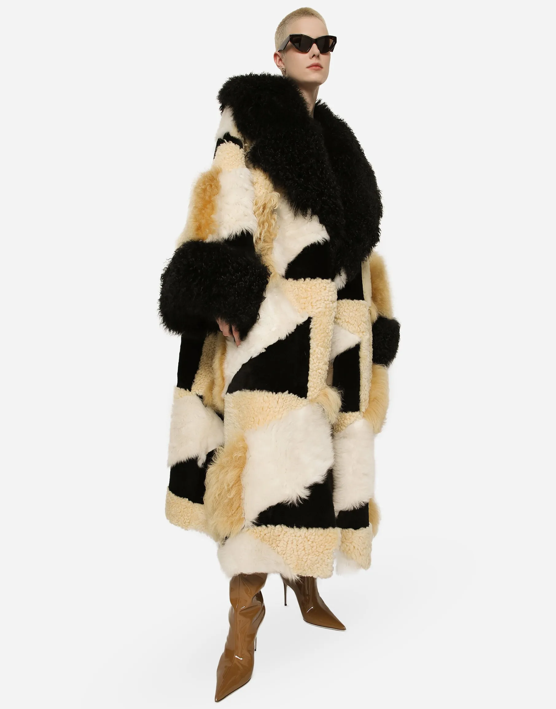 Long patchwork sheepskin coat