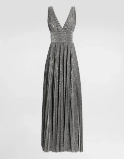 Long pleated dress with micro-sequin embellishment