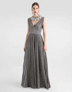 Long pleated dress with micro-sequin embellishment