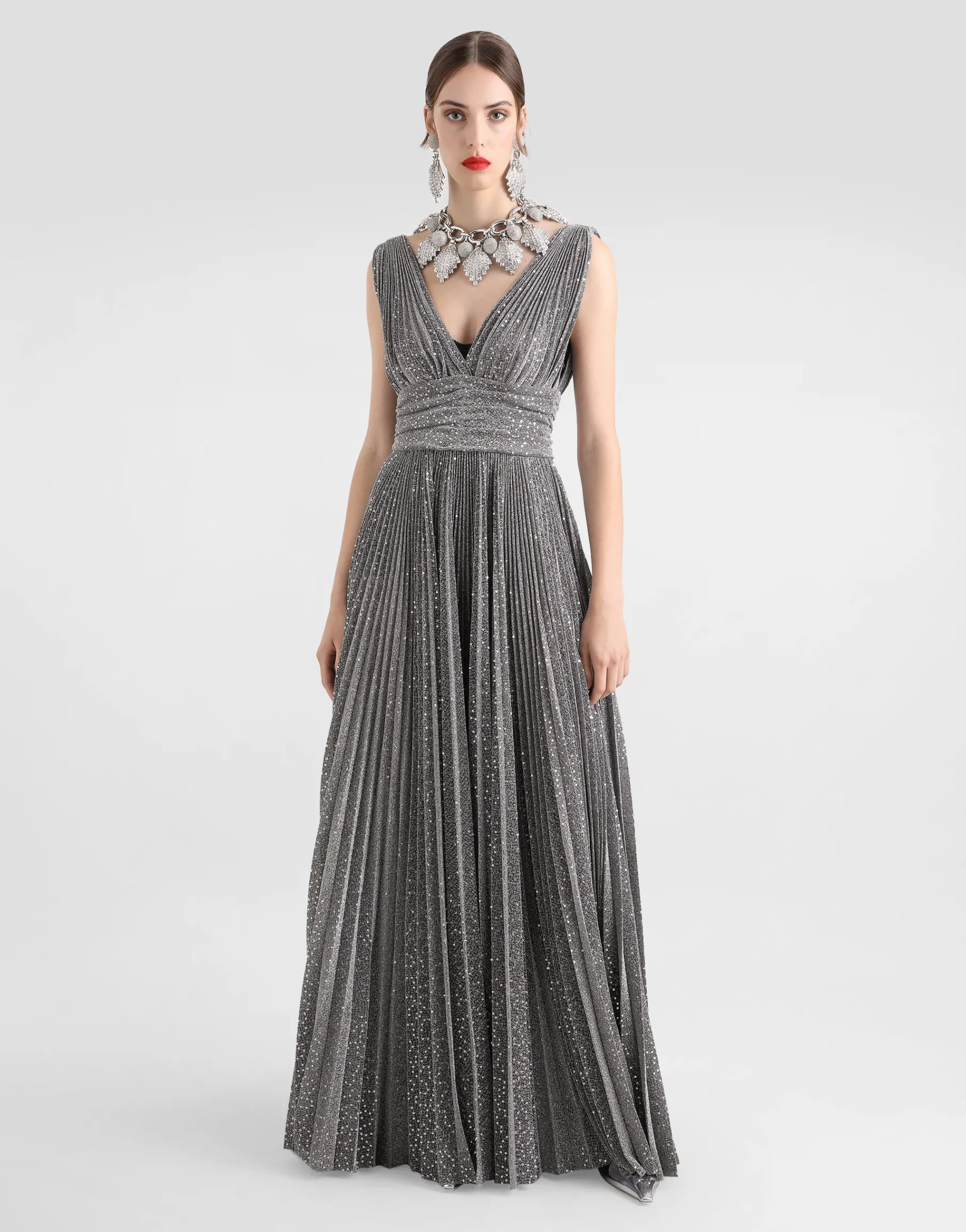 Long pleated dress with micro-sequin embellishment
