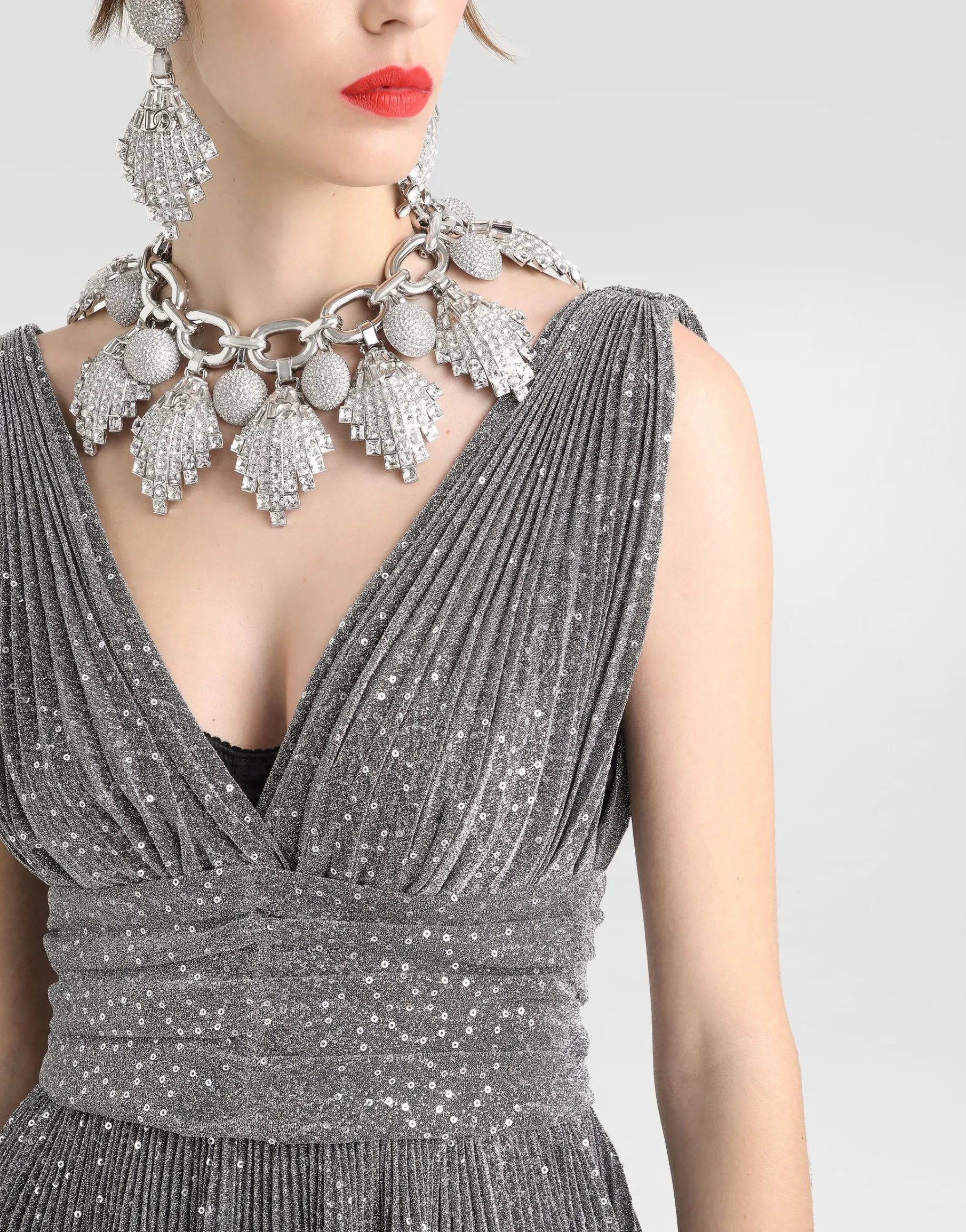 Long pleated dress with micro-sequin embellishment