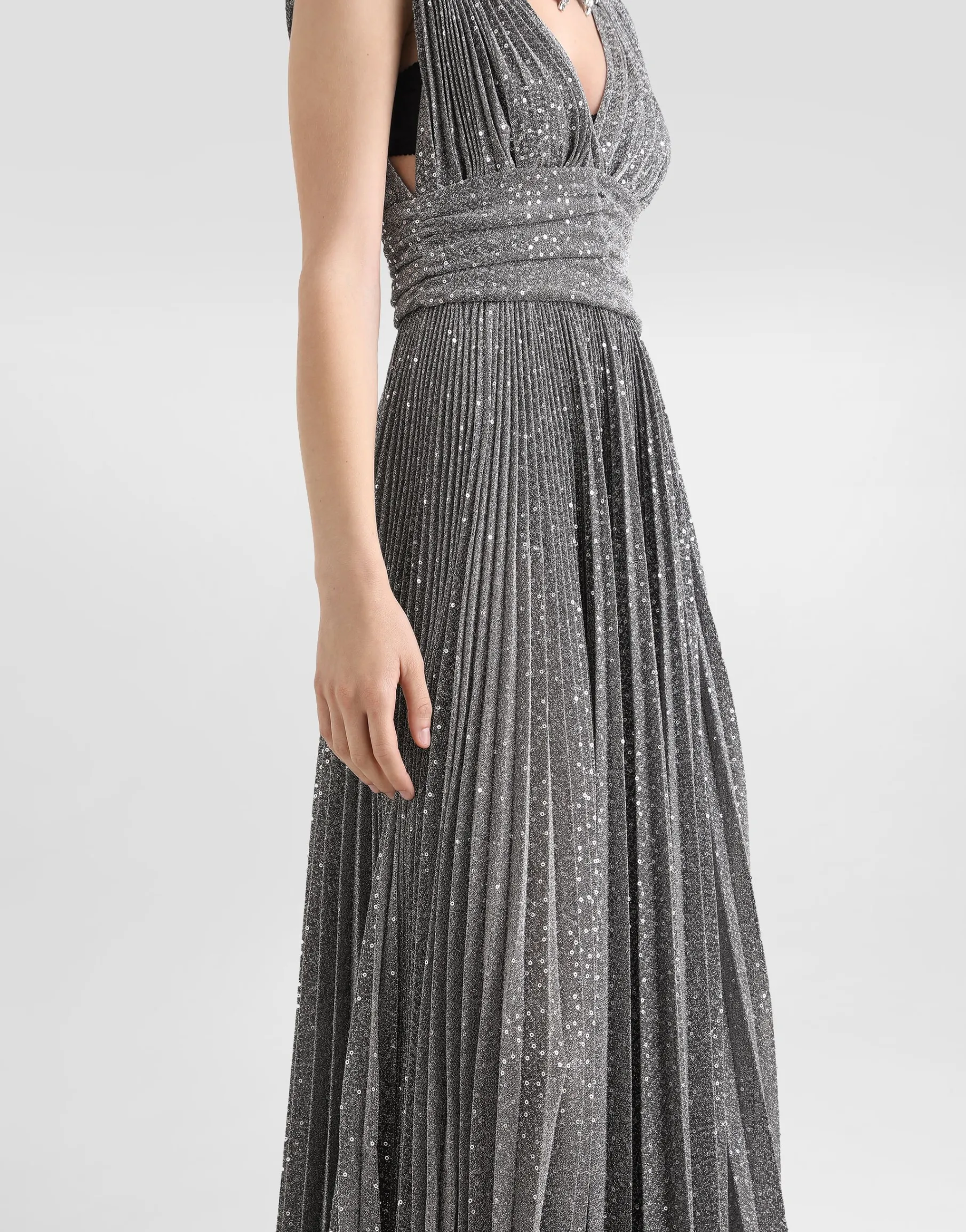 Long pleated dress with micro-sequin embellishment