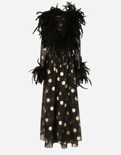 Long polka-dot silk organza dress with feathered details