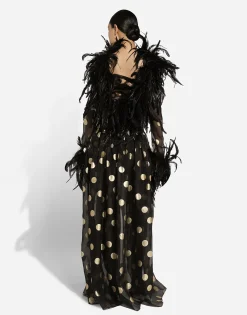 Long polka-dot silk organza dress with feathered details