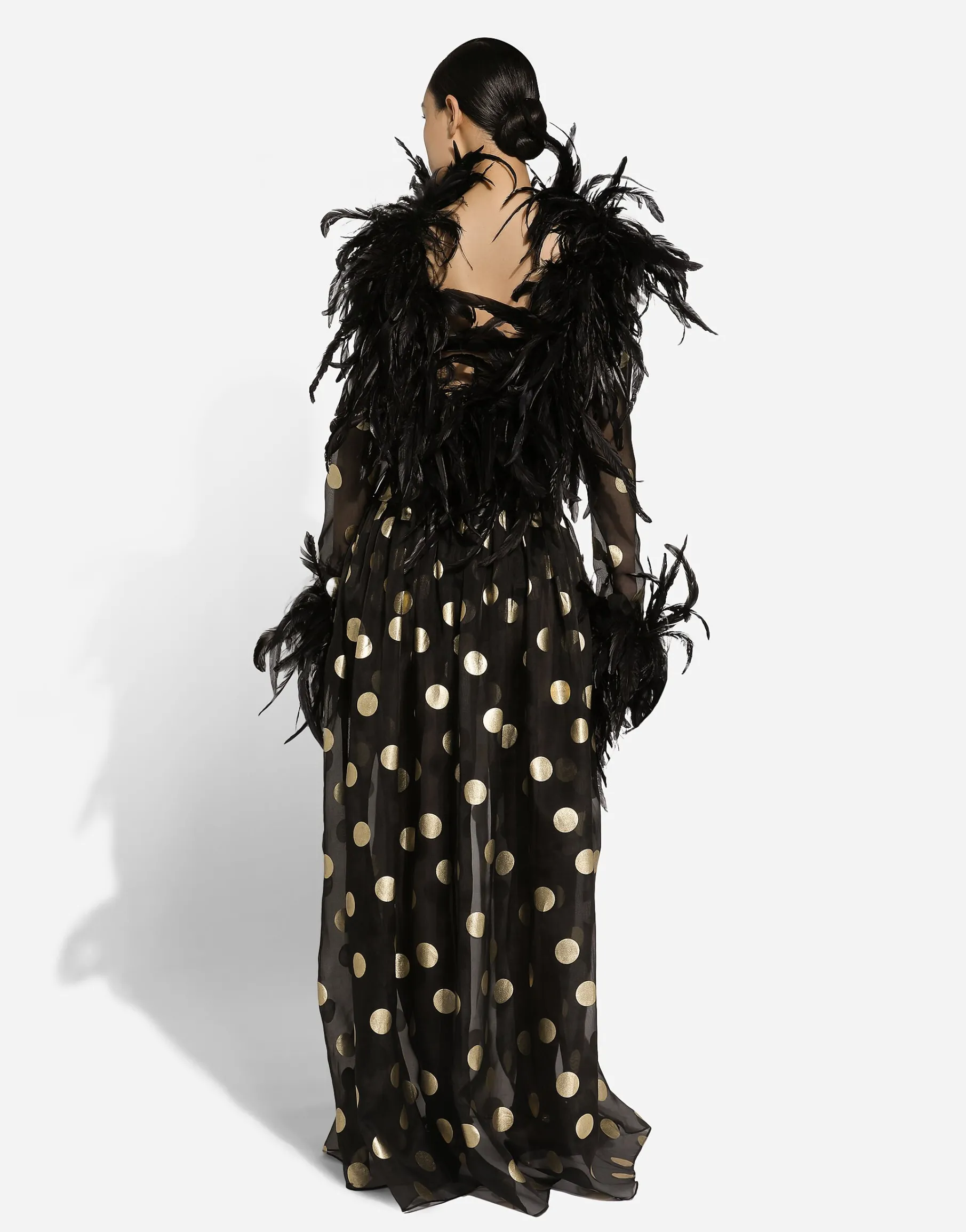 Long polka-dot silk organza dress with feathered details