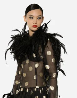 Long polka-dot silk organza dress with feathered details