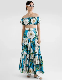 Long ruffled skirt in gardenia-print cotton