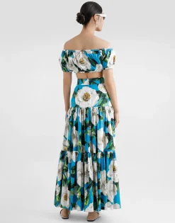 Long ruffled skirt in gardenia-print cotton