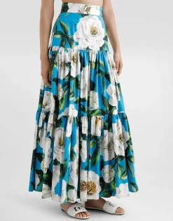 Long ruffled skirt in gardenia-print cotton