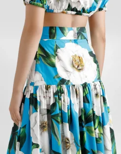 Long ruffled skirt in gardenia-print cotton