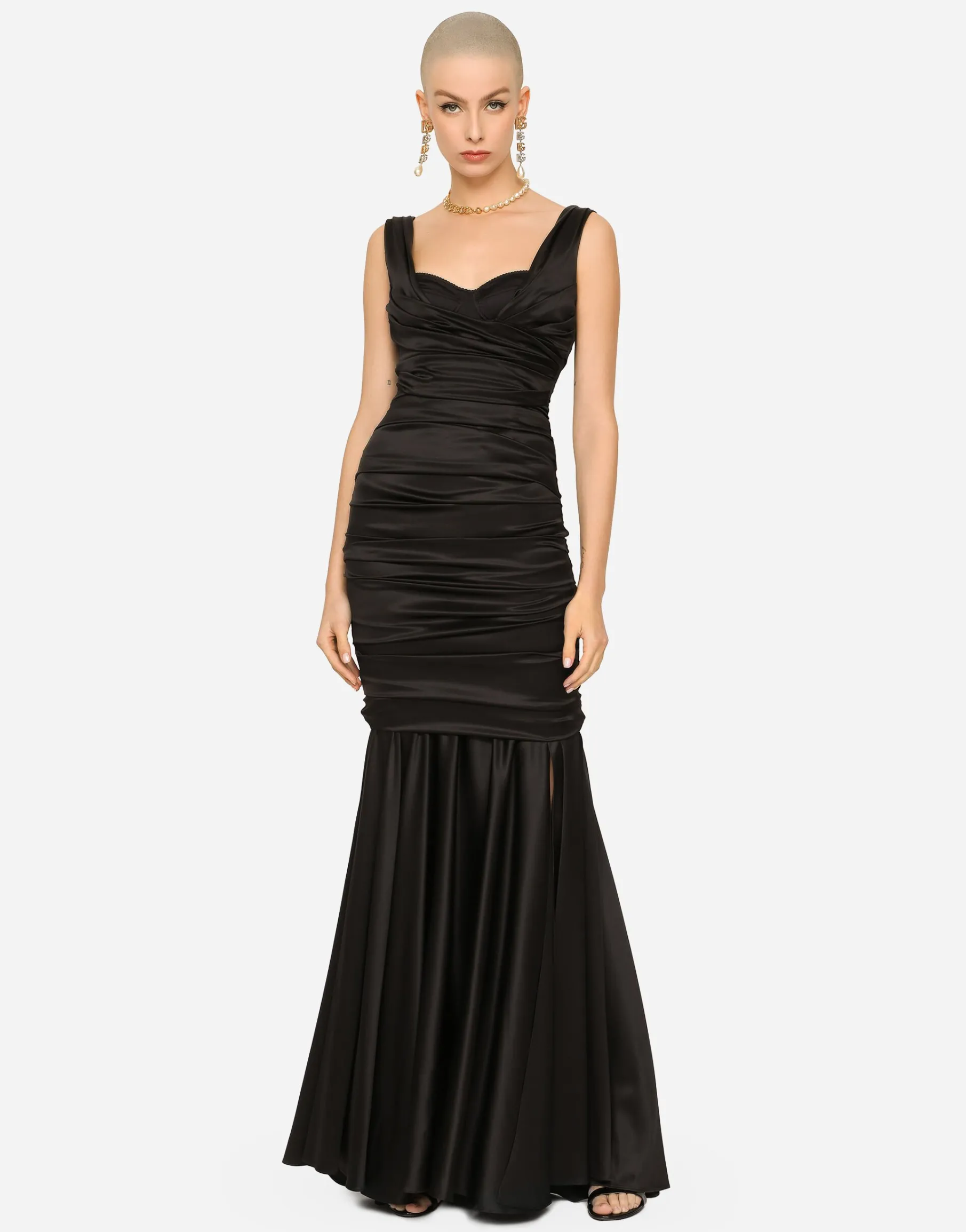 Long satin dress with draping