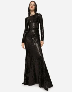 Long sequined dress with corset detailing