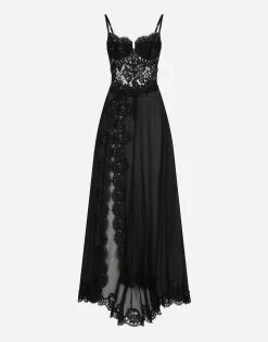 Long silk chiffon and Chantilly lace slip dress